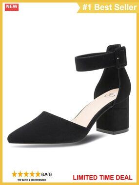 Pointed Toe Block Heel Pumps Ankle Strap Faux Suede Dress Shoes